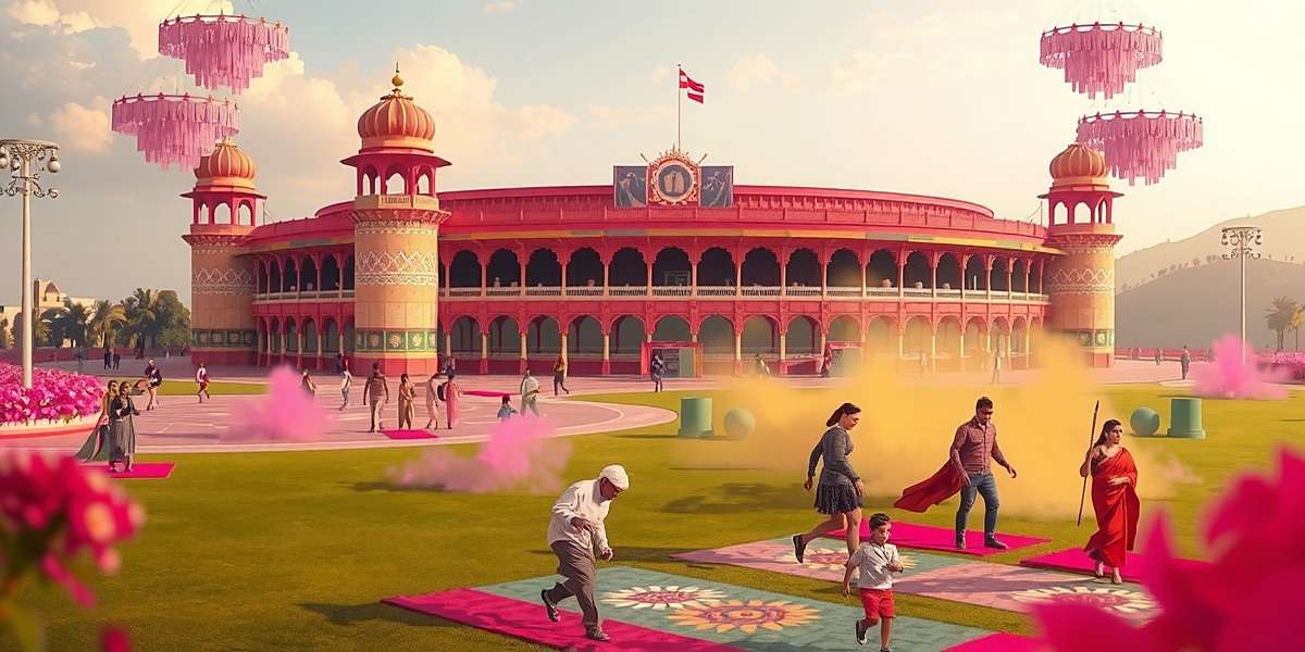 Upcoming Jaipur Stadium in Fiesta Passing Wizards Concept art of upcoming Jaipur Pink Stadium in Fiesta Passing Wizards showing royal architecture and Holi celebrations